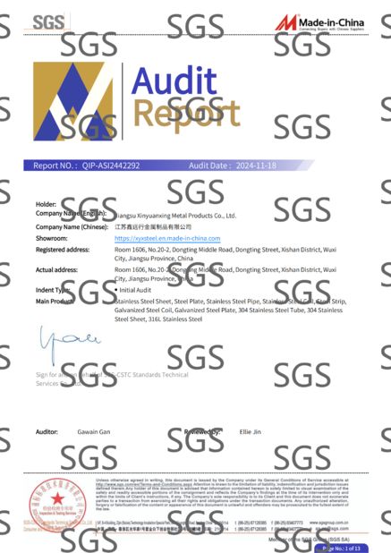 CHINA Jiangsu Xinyuanxing Metal Products Co.,Ltd Certificações